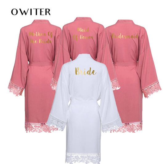 Owiter Women Rayon Cotton Lace Robe Bride Robe Bridesmaid Robes Gown Sleepwear Bridal Wedding Robe